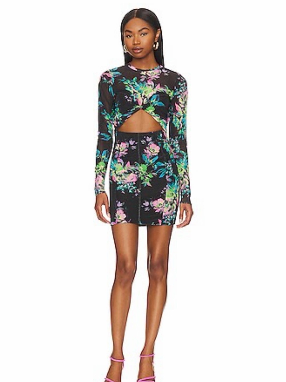 AFRM Black Floral Cutout Long-Sleeve Mini Dress